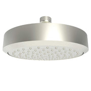 Satin nickel round shower head with multiple spray holes and upward-facing connector arm.