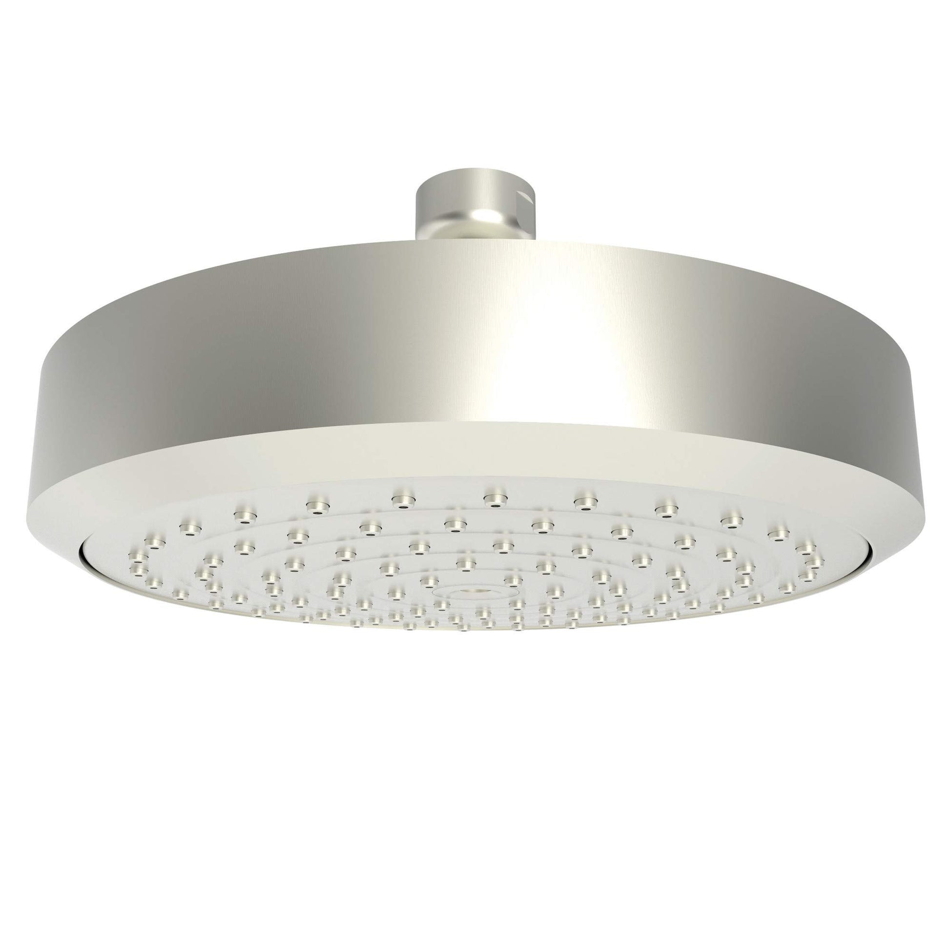 Satin nickel round shower head with multiple spray holes and upward-facing connector arm.