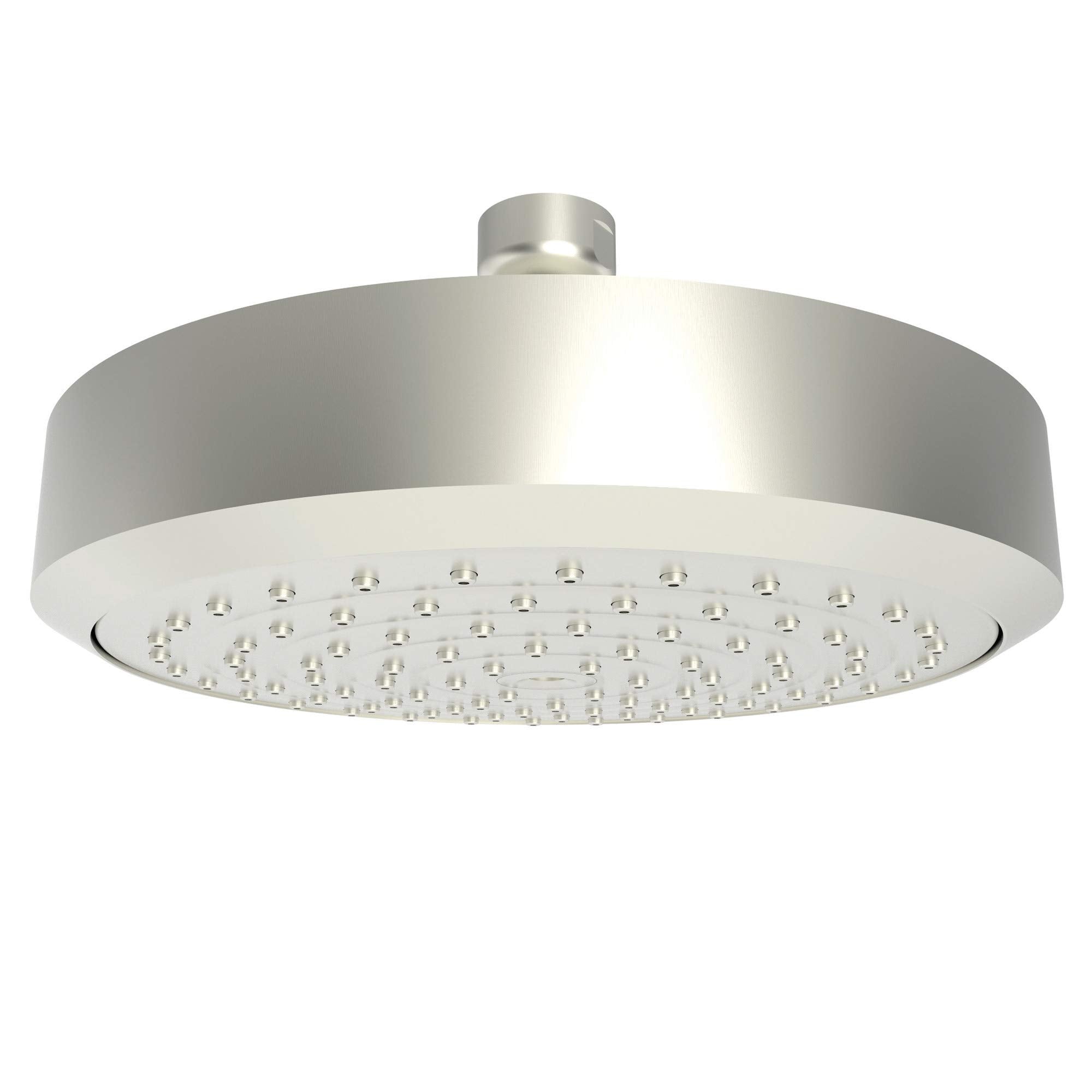 Satin nickel round shower head with multiple spray holes and upward-facing connector arm.