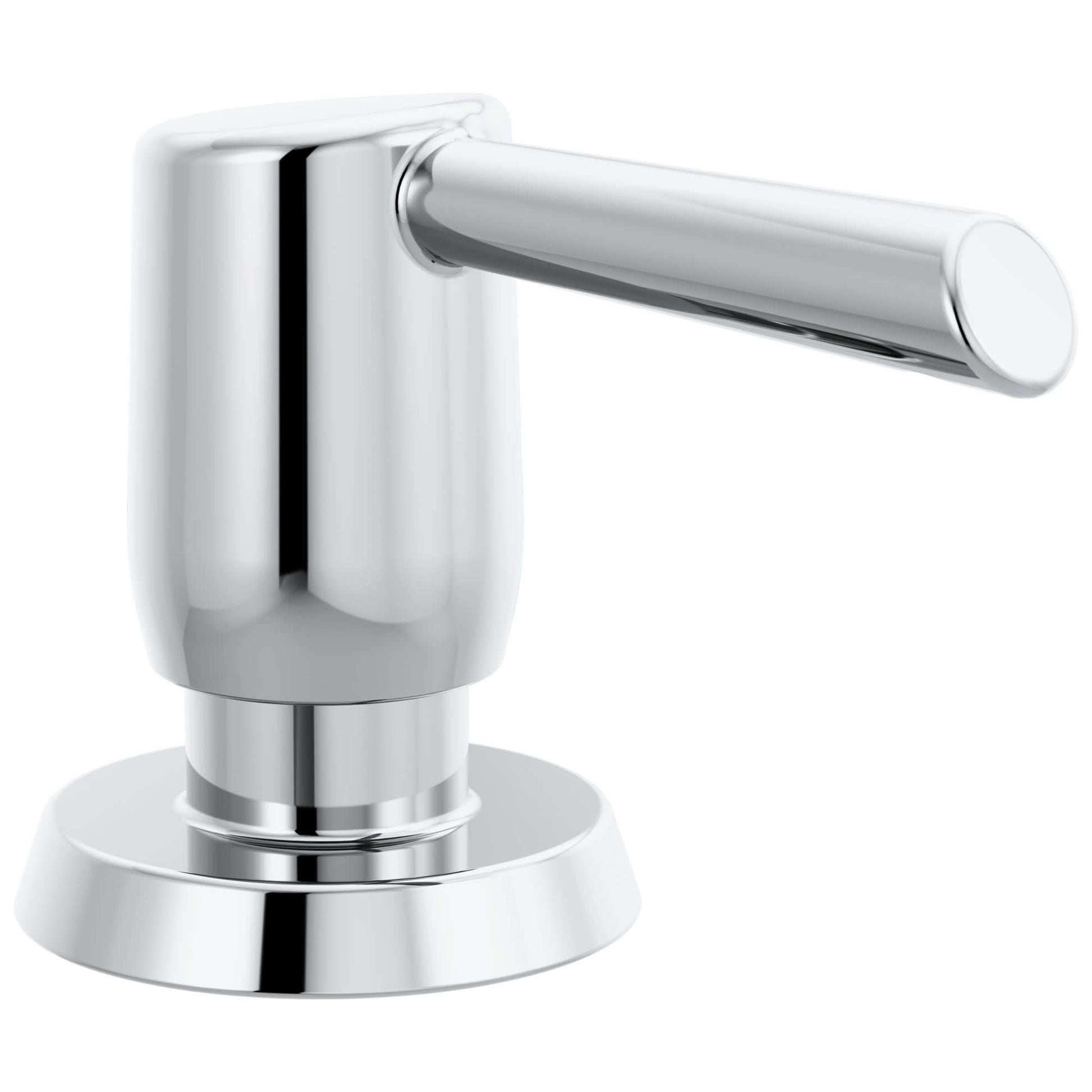 Chrome metal soap dispenser with cylindrical pump lever and round base.