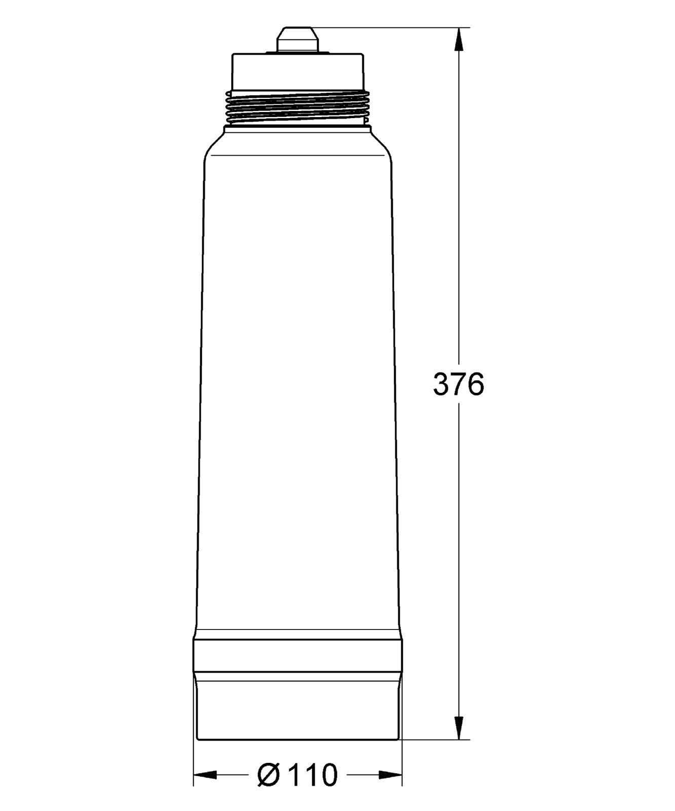 Cylindrical carbon filter cartridge with threaded top cap and base, 376mm height, 110mm diameter.