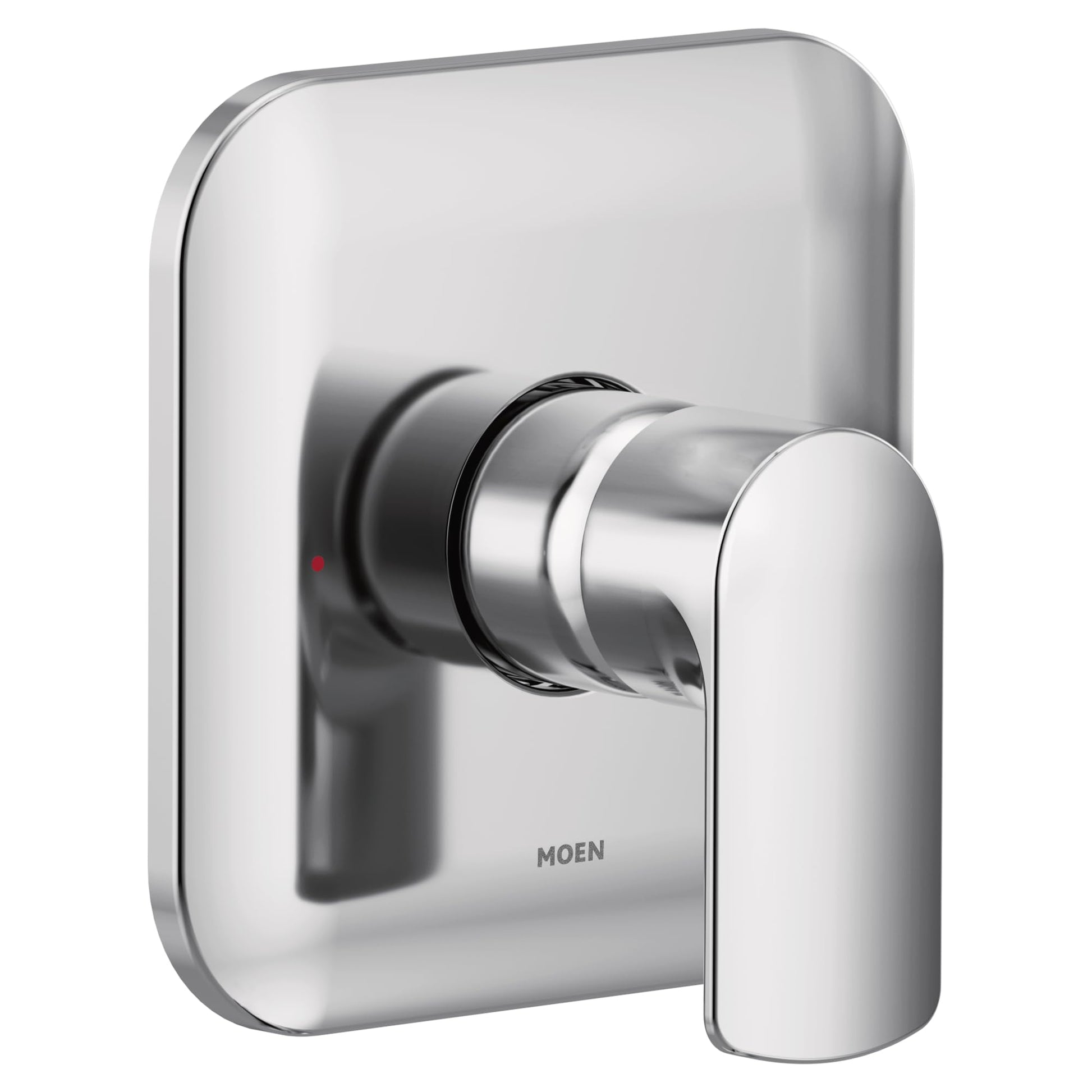 Chrome single-handle valve trim kit with rounded rectangular escutcheon plate and cylindrical lever handle.