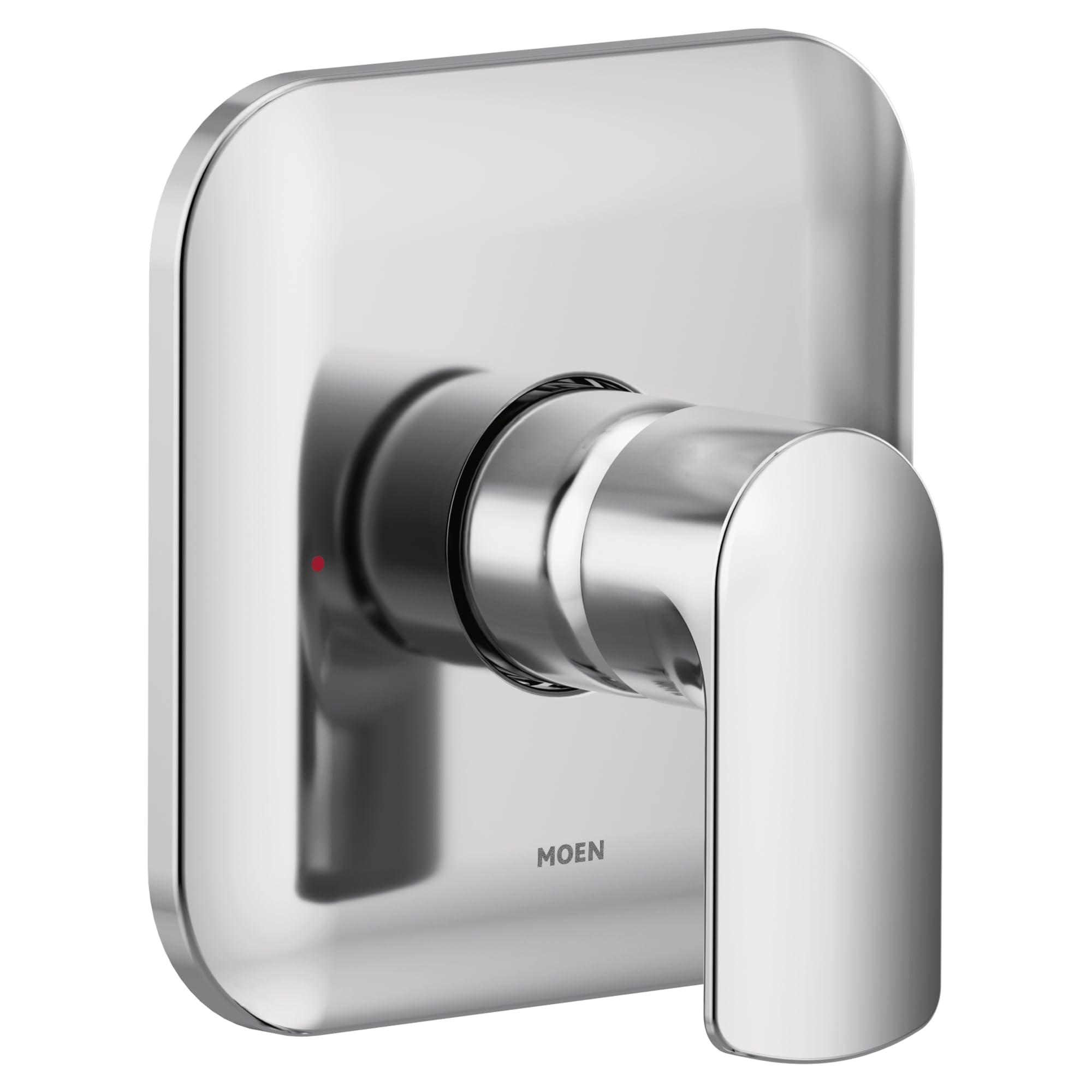 Chrome single-handle valve trim kit with rounded rectangular escutcheon plate and cylindrical lever handle.
