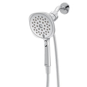 Chrome handheld shower head with 5-inch round spray face and attached hose, featuring dial control and wall mount bracket.