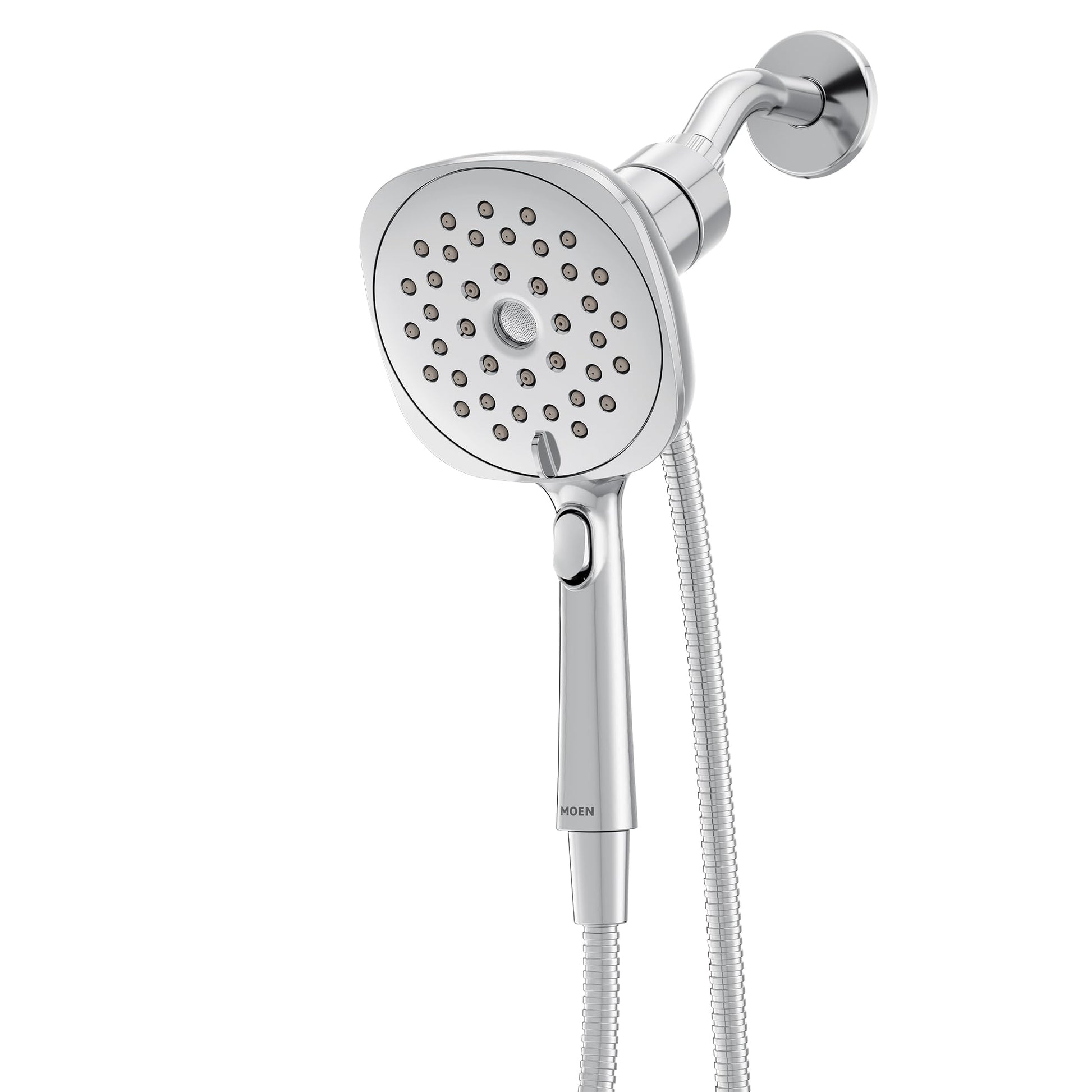 Chrome handheld shower head with 5-inch round spray face and attached hose, featuring dial control and wall mount bracket.