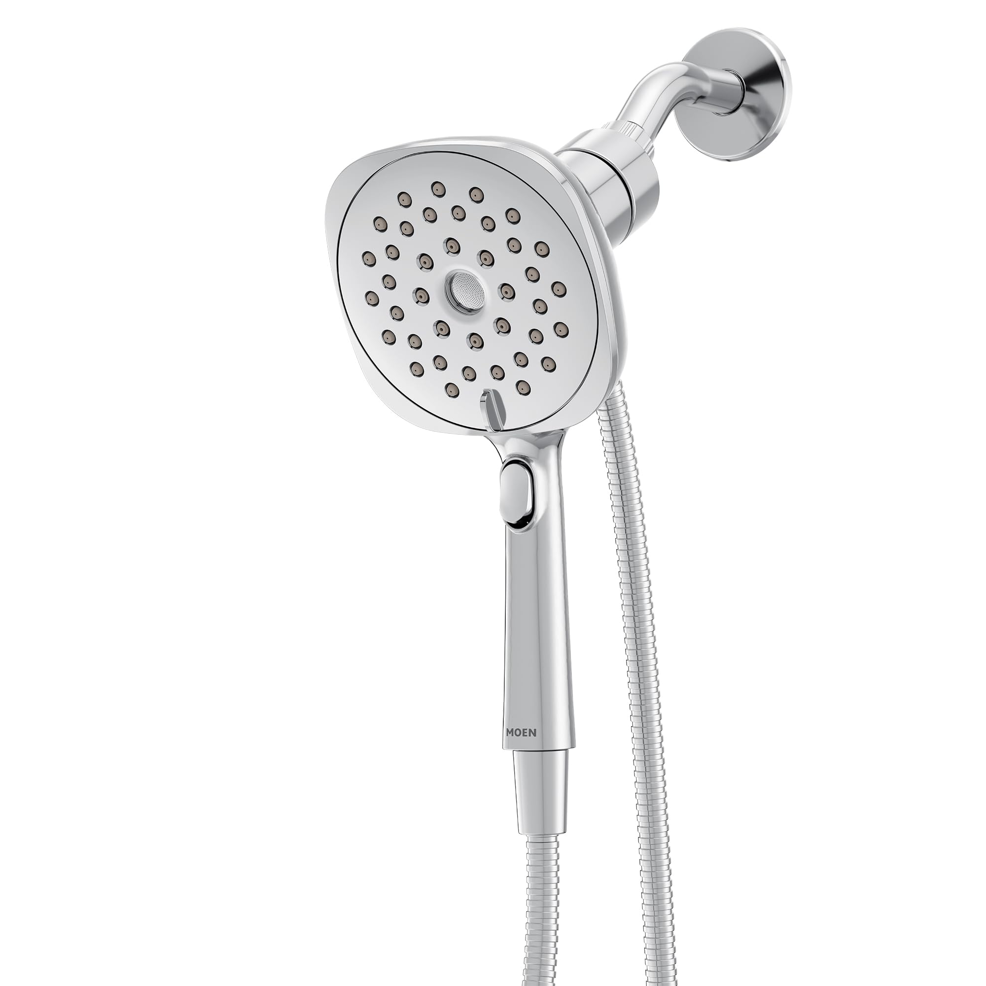 Chrome handheld shower head with 5-inch round spray face and attached hose, featuring dial control and wall mount bracket.