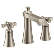 Brushed nickel two-handle bathroom faucet trim kit with cross handles and cone-shaped spout.