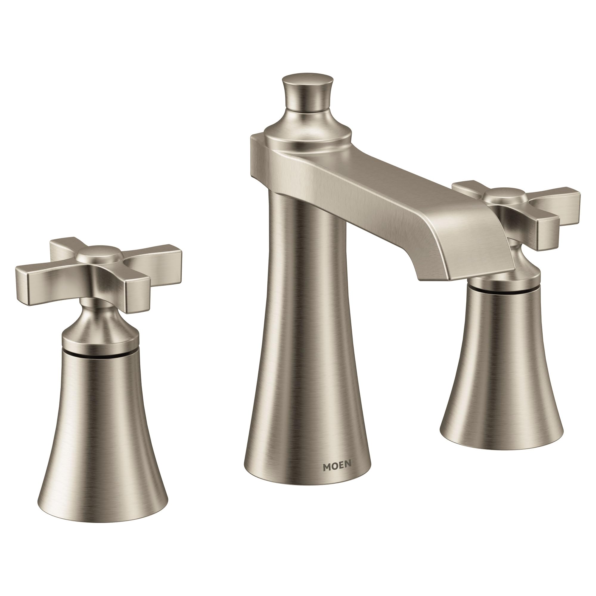 Brushed nickel two-handle bathroom faucet trim kit with cross handles and cone-shaped spout.
