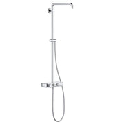 Chrome thermostatic shower system with overhead rainfall showerhead, handheld wand, and wall-mounted control valve.