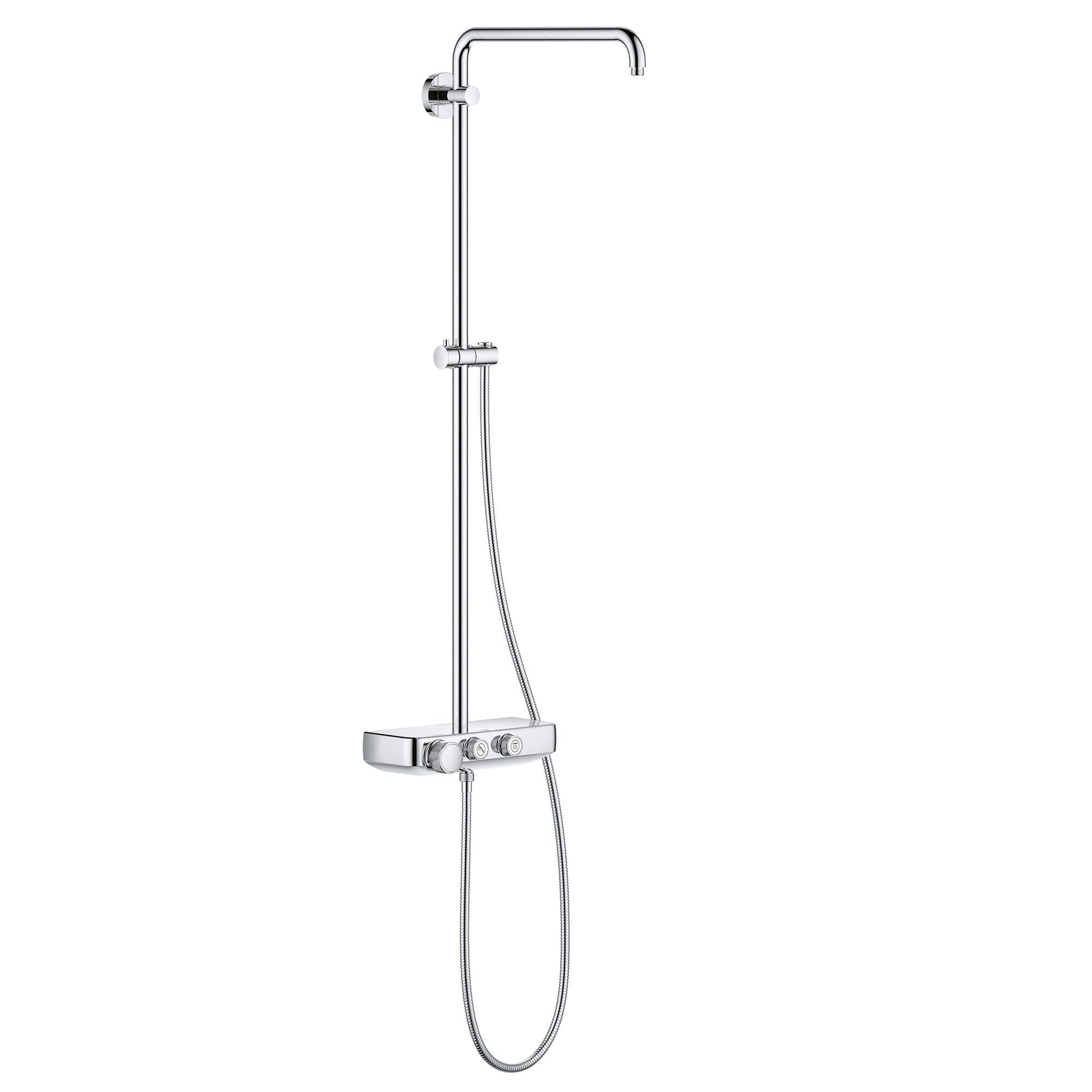 Chrome thermostatic shower system with overhead rainfall showerhead, handheld wand, and wall-mounted control valve.