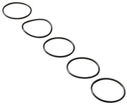 Five black rubber O-rings arranged diagonally on white background.