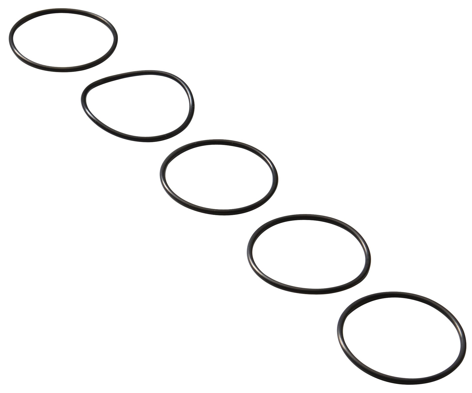 Five black rubber O-rings arranged diagonally on white background.