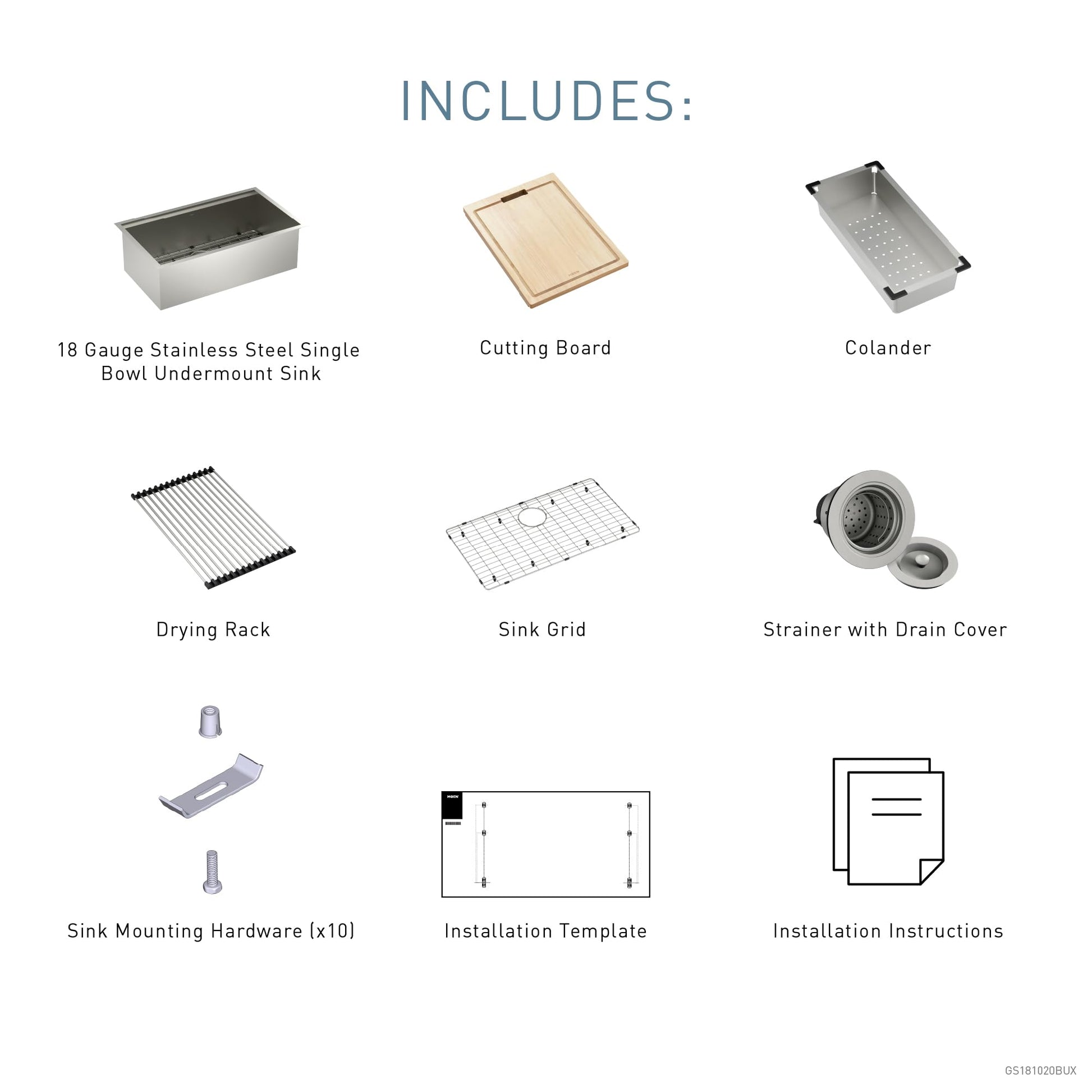 Stainless steel single bowl undermount sink with included cutting board, colander, drying rack, sink grid, strainer, mounting