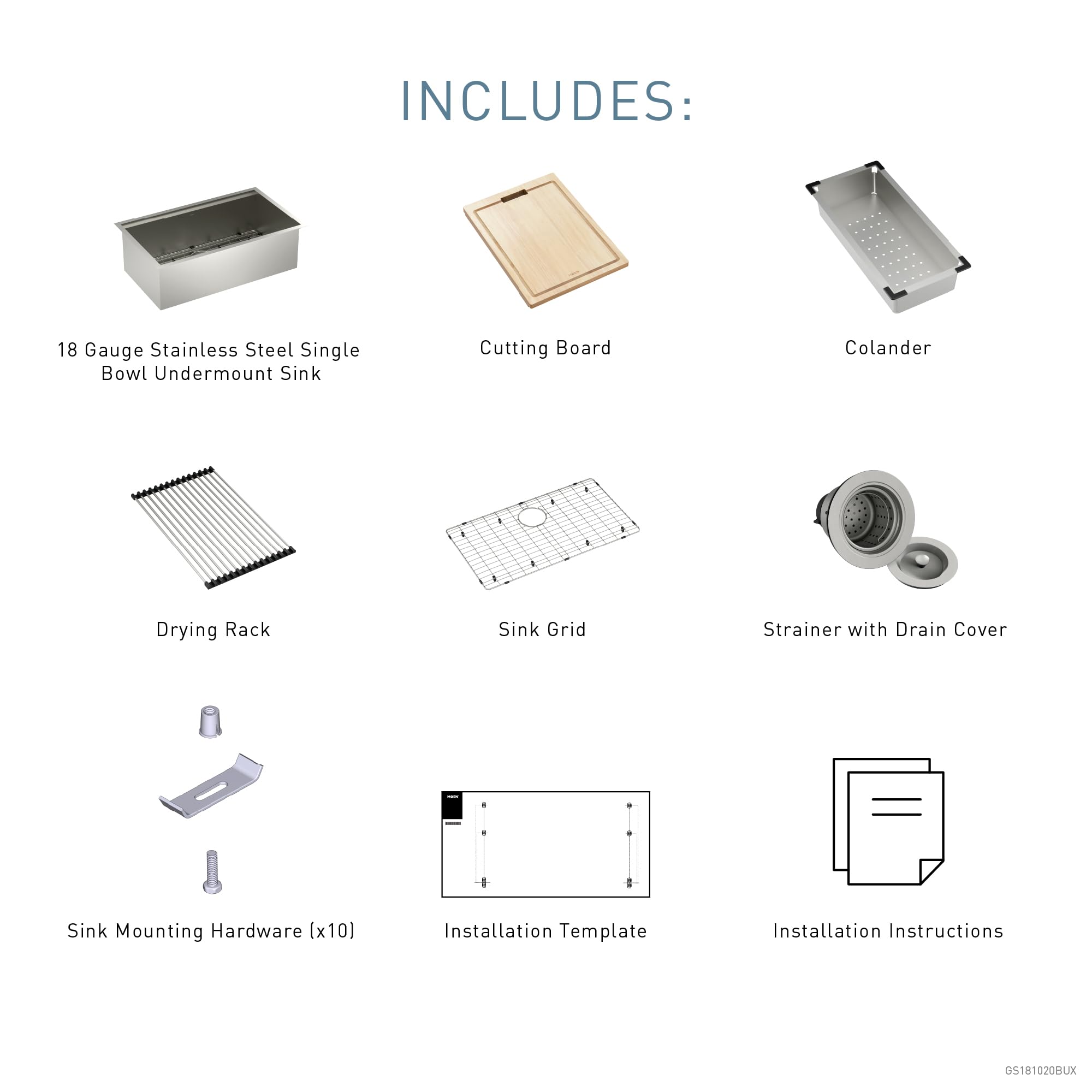 Stainless steel single bowl undermount sink with included cutting board, colander, drying rack, sink grid, strainer, mounting