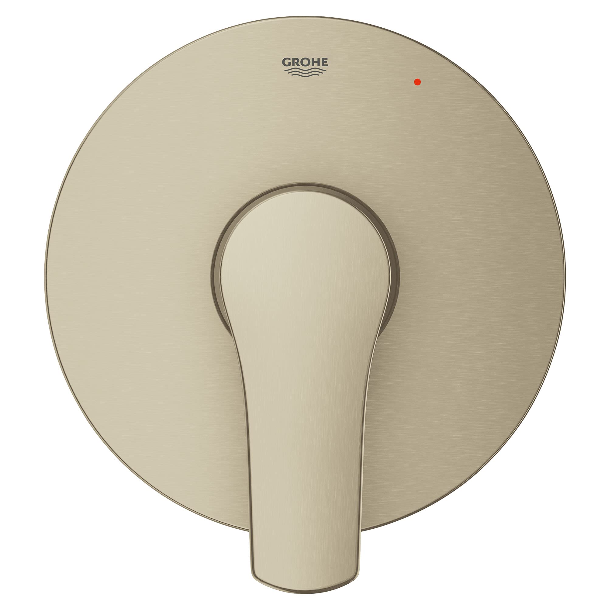Grohe Eurosmart brushed nickel pressure balance valve trim with single lever handle and red indicator dot.