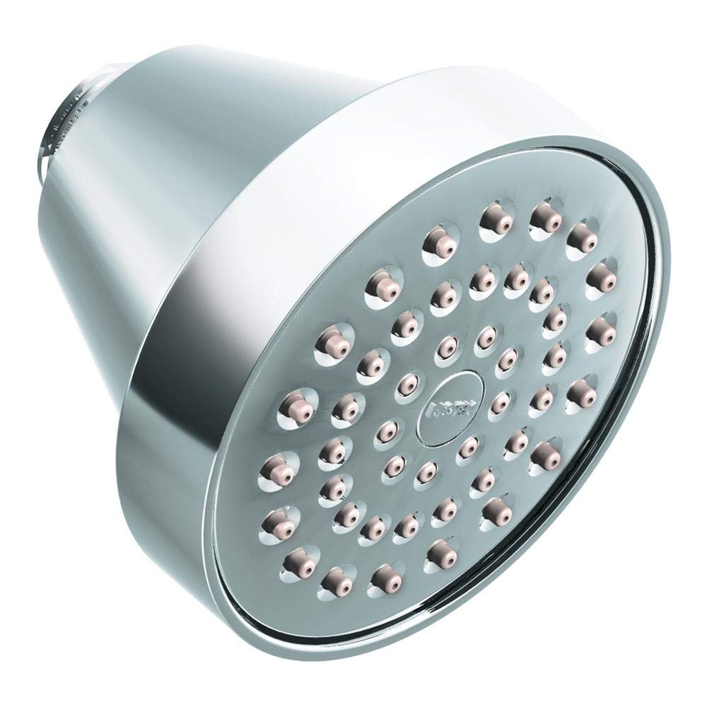 Chrome showerhead with multiple spray jets and cylindrical connector, angled view showing circular face with hole pattern.