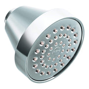 Chrome showerhead with multiple spray jets and cylindrical connector, angled view showing circular face with hole pattern.
