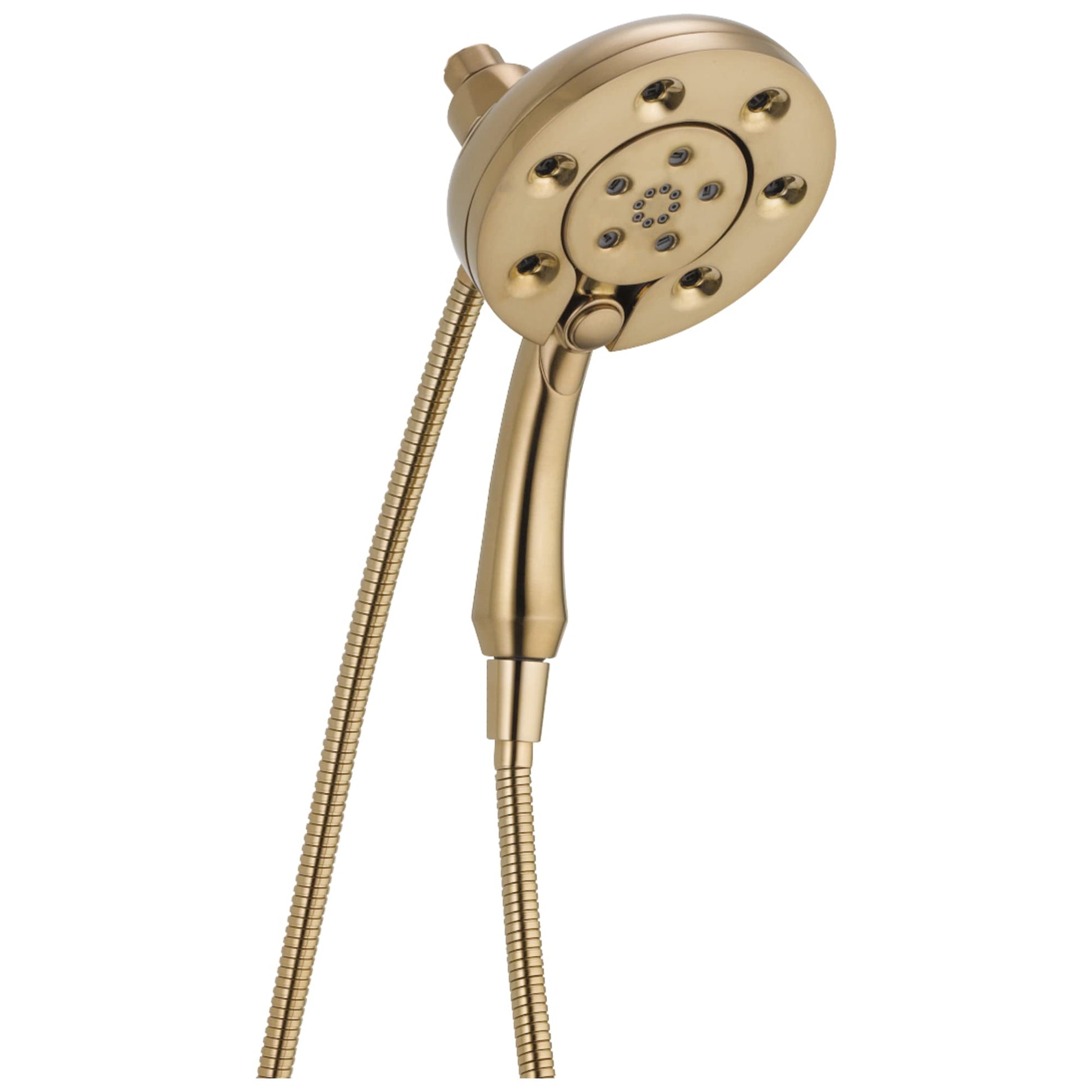 Champagne bronze two-in-one shower head with dual spray face and flexible hose, featuring multiple spray jets.