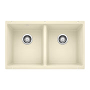 Biscuit-colored double bowl kitchen sink with two equal-sized compartments and chrome drain strainers, top view.
