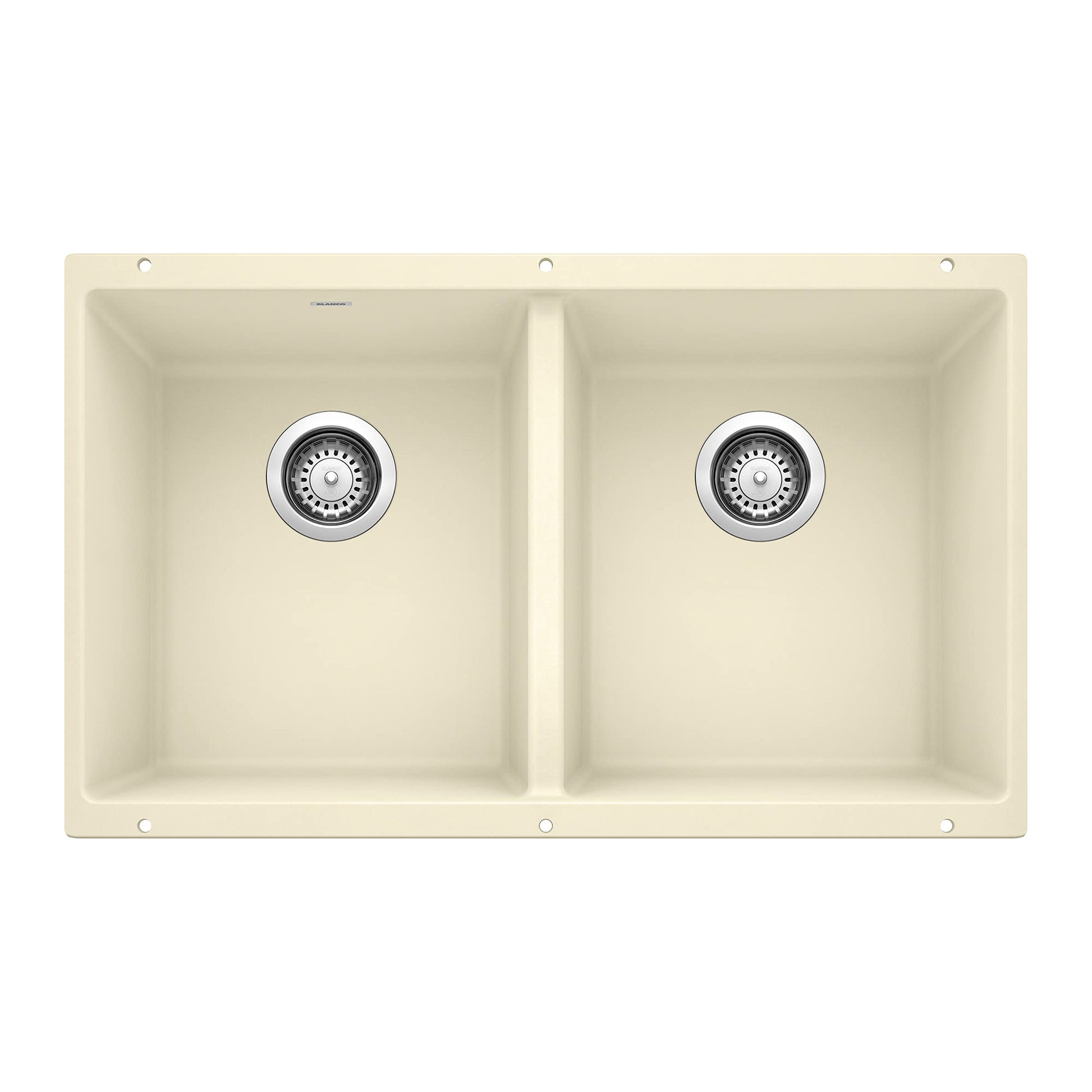 Biscuit-colored double bowl kitchen sink with two equal-sized compartments and chrome drain strainers, top view.