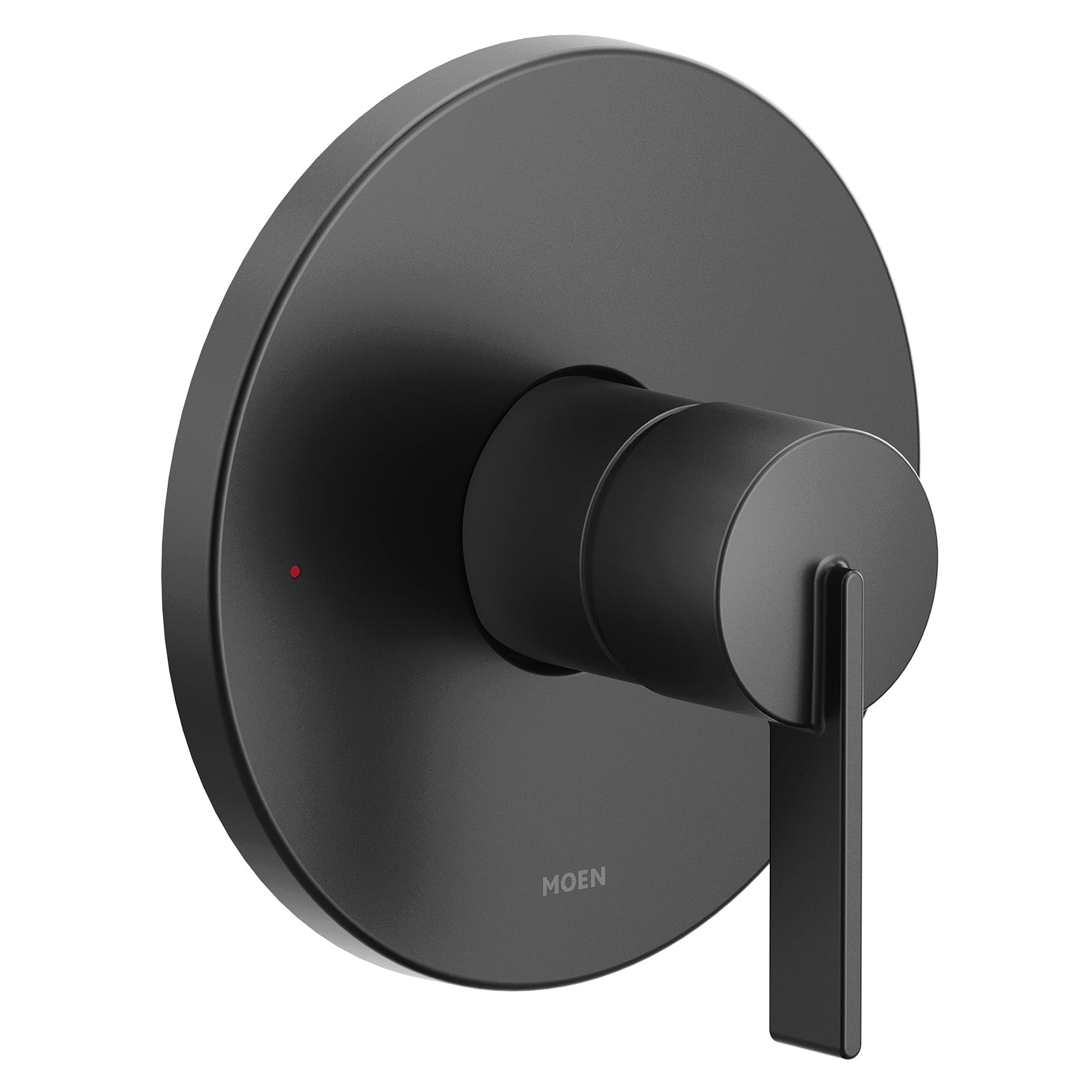Matte black single-handle shower trim with circular backplate and lever handle.