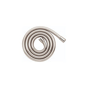 Coiled polished nickel shower hose with metal connector end and flexible tubing.