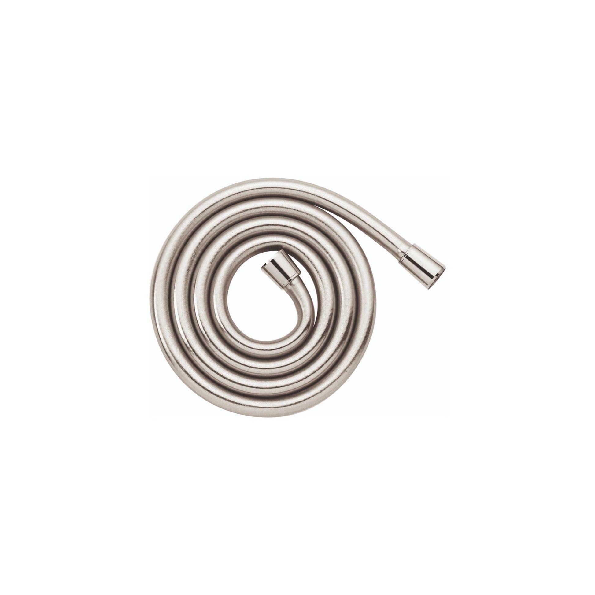 Coiled polished nickel shower hose with metal connector end and flexible tubing.