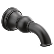 Matte black curved tub spout with round wall-mounted flange and downward-angled outlet.