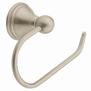 Brushed nickel toilet paper holder with circular wall mount and curved open ring design.