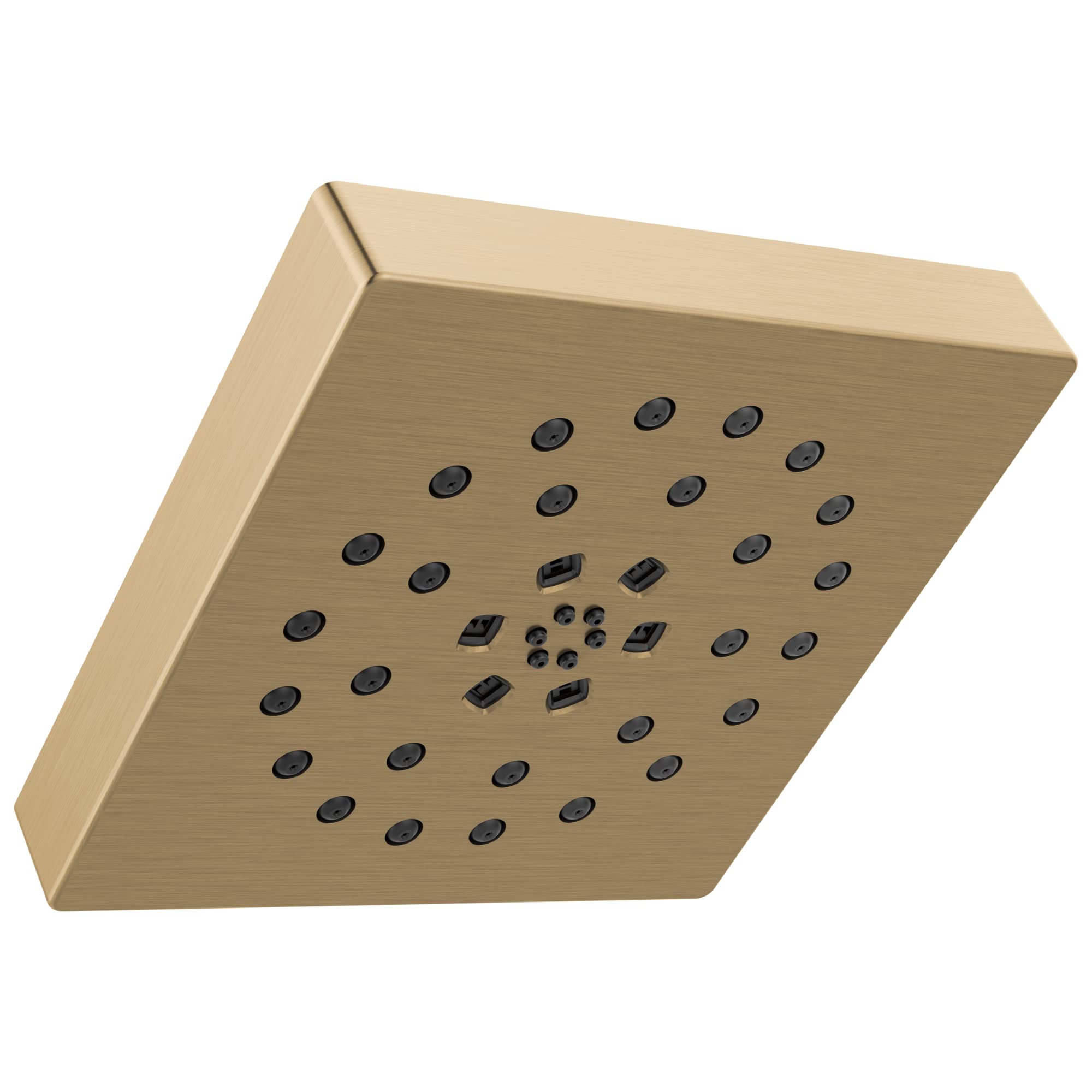 Square brushed champagne bronze shower head with multiple spray jets and setting controls in center.