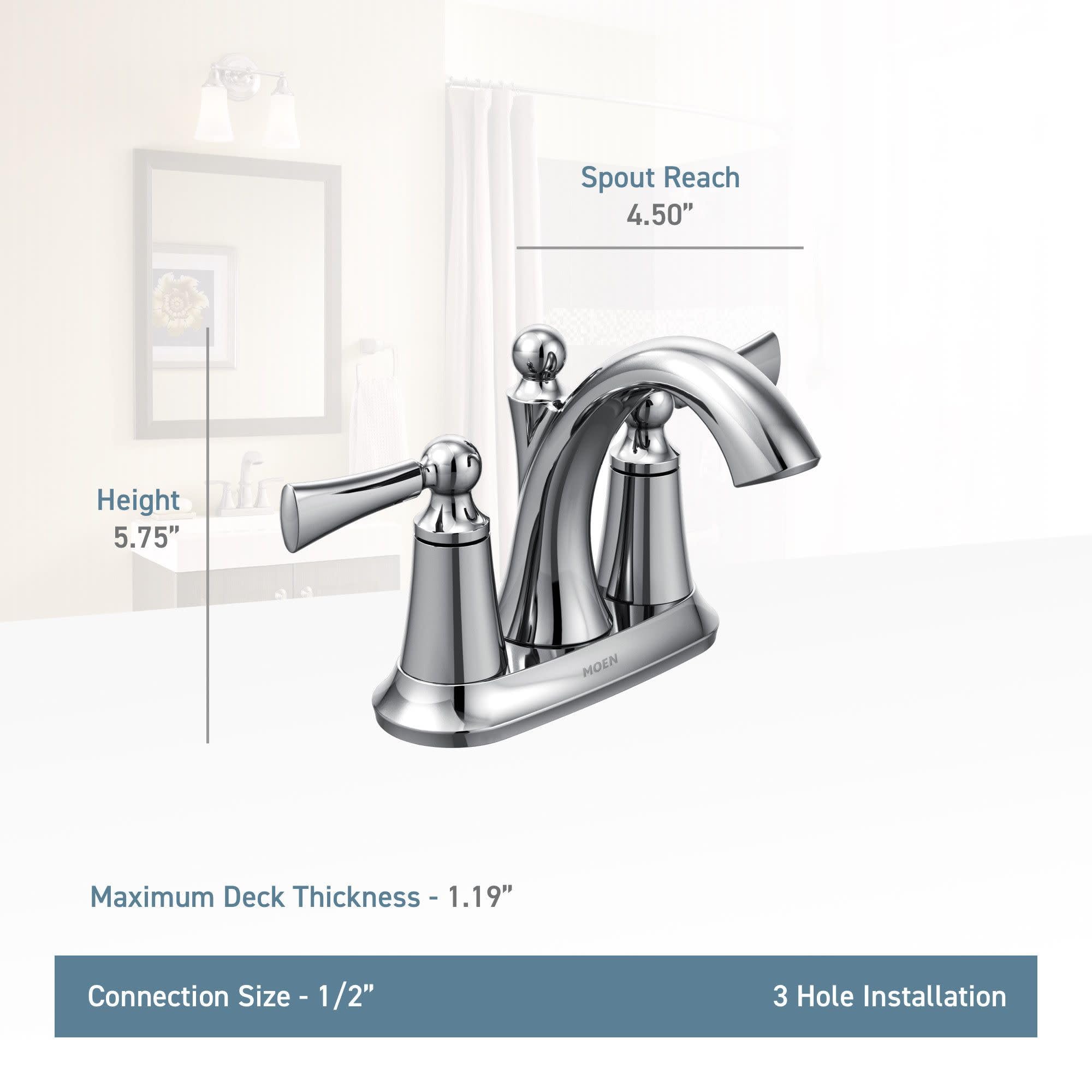 Chrome bathroom faucet with two handles, curved spout, and dome-shaped base with specification dimensions labeled.