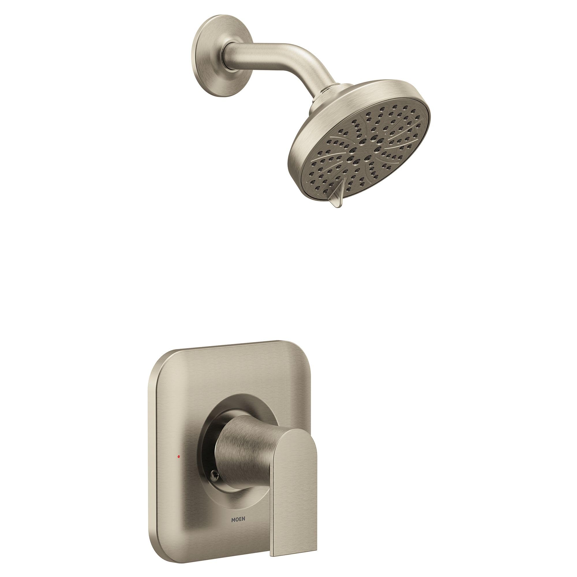 Brushed nickel shower trim kit with round showerhead and wall-mounted valve control lever.