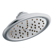 Chrome rainshower showerhead with oval face and multiple spray holes, mounted on angled arm.
