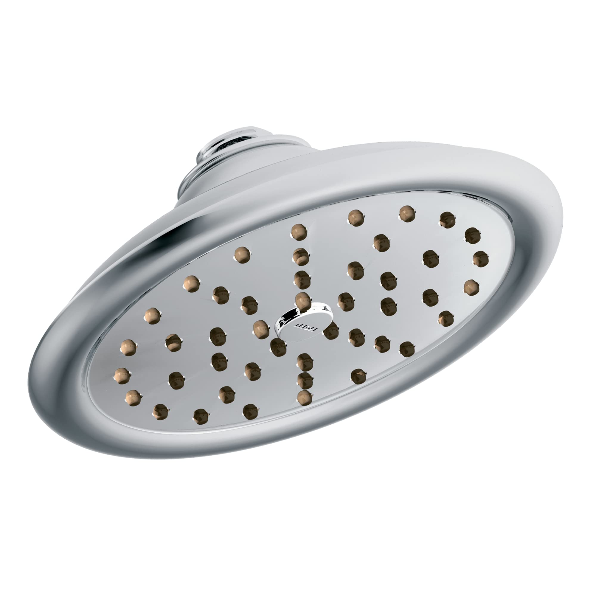 Chrome rainshower showerhead with oval face and multiple spray holes, mounted on angled arm.