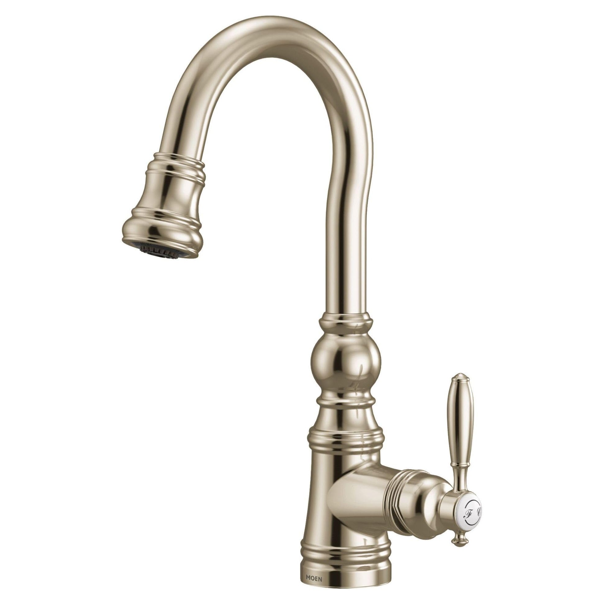 Polished nickel kitchen faucet with curved spout, pulldown wand, and single lever handle.