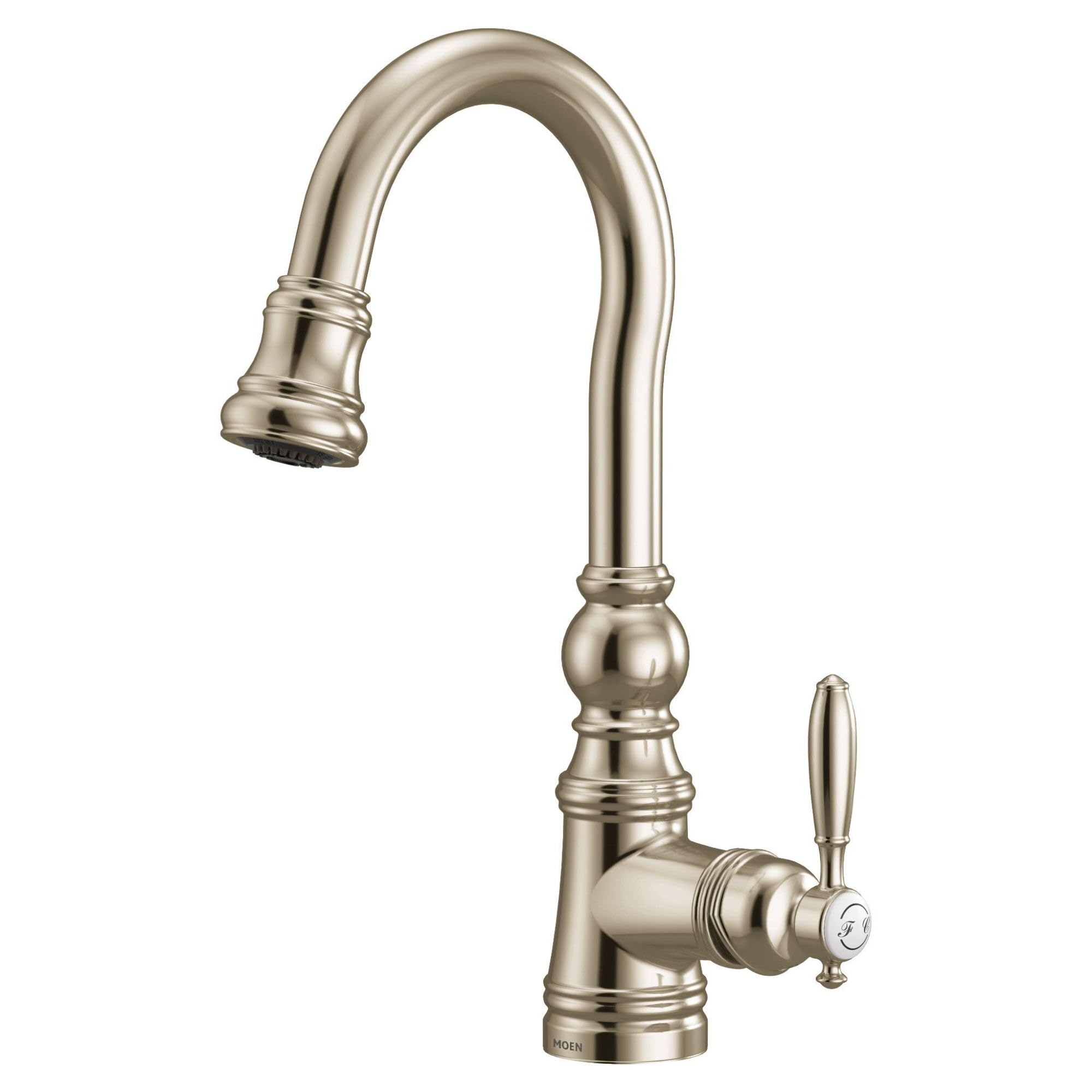 Polished nickel kitchen faucet with curved spout, pulldown wand, and single lever handle.