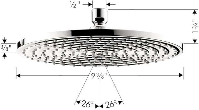 Chrome round shower head with 240 spray jets, 9⅜" diameter, mounted on ½" connection arm.