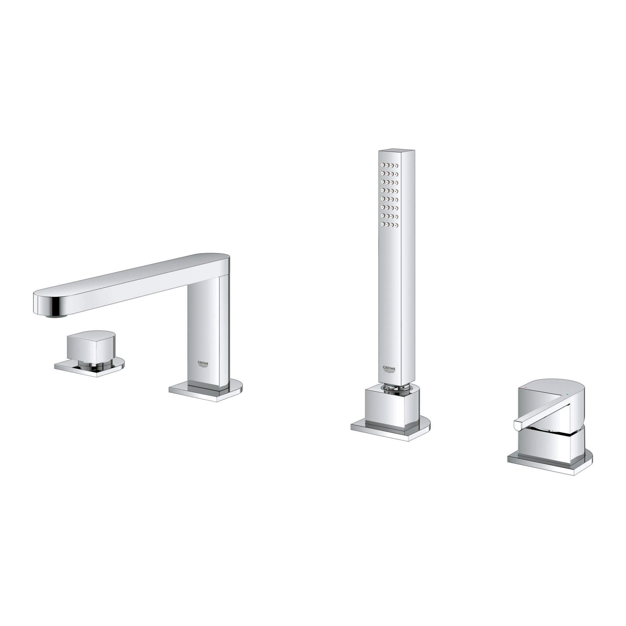 Chrome four-piece roman tub faucet set with single handle, spout, tall hand shower head, and deck-mounted components.