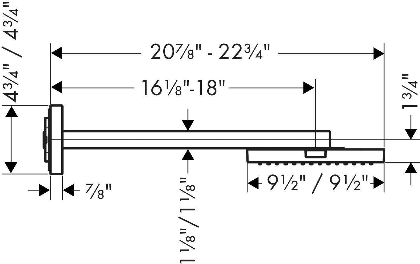 Brushed nickel shower arm trim with single-jet shower head and dimensional specifications showing 20⅞" to 23¾" width and 9½" 