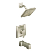 Brushed nickel tub/shower trim kit with square showerhead, curved arm, wall-mounted valve trim, and tub spout.