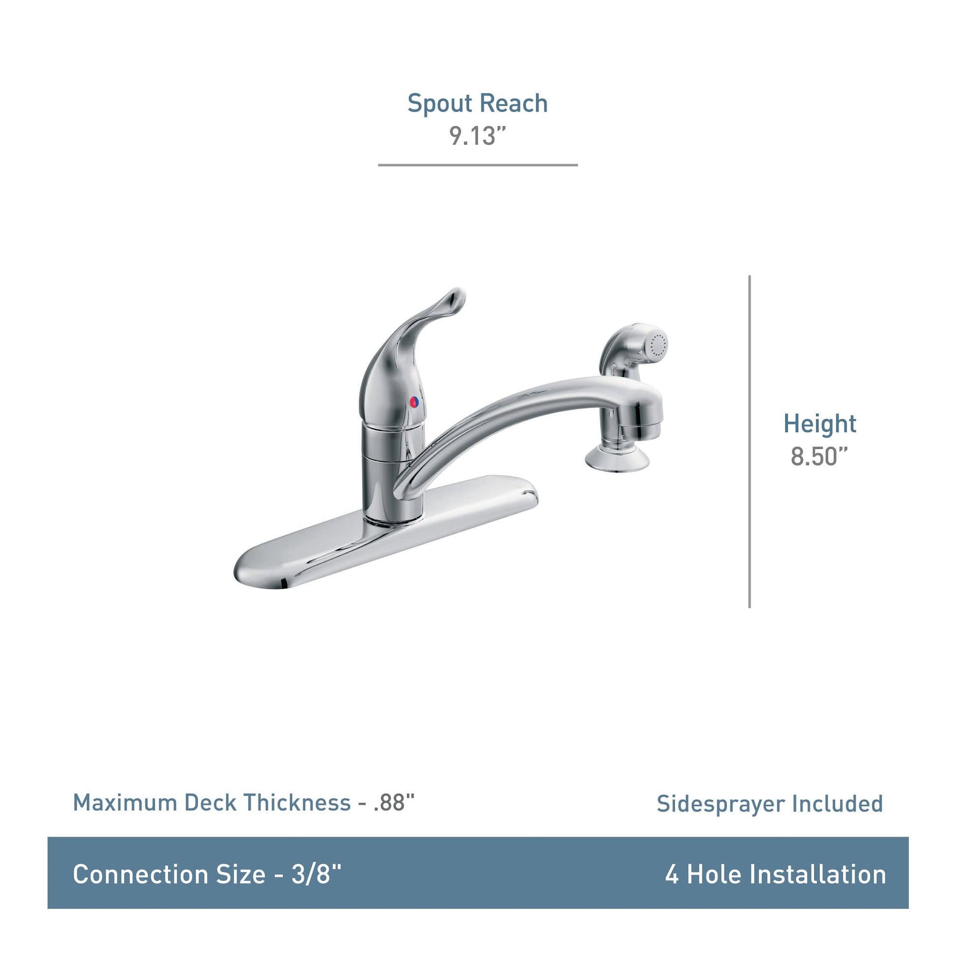 Chrome single-handle kitchen faucet with curved spout, side sprayer, and 8.50" height.