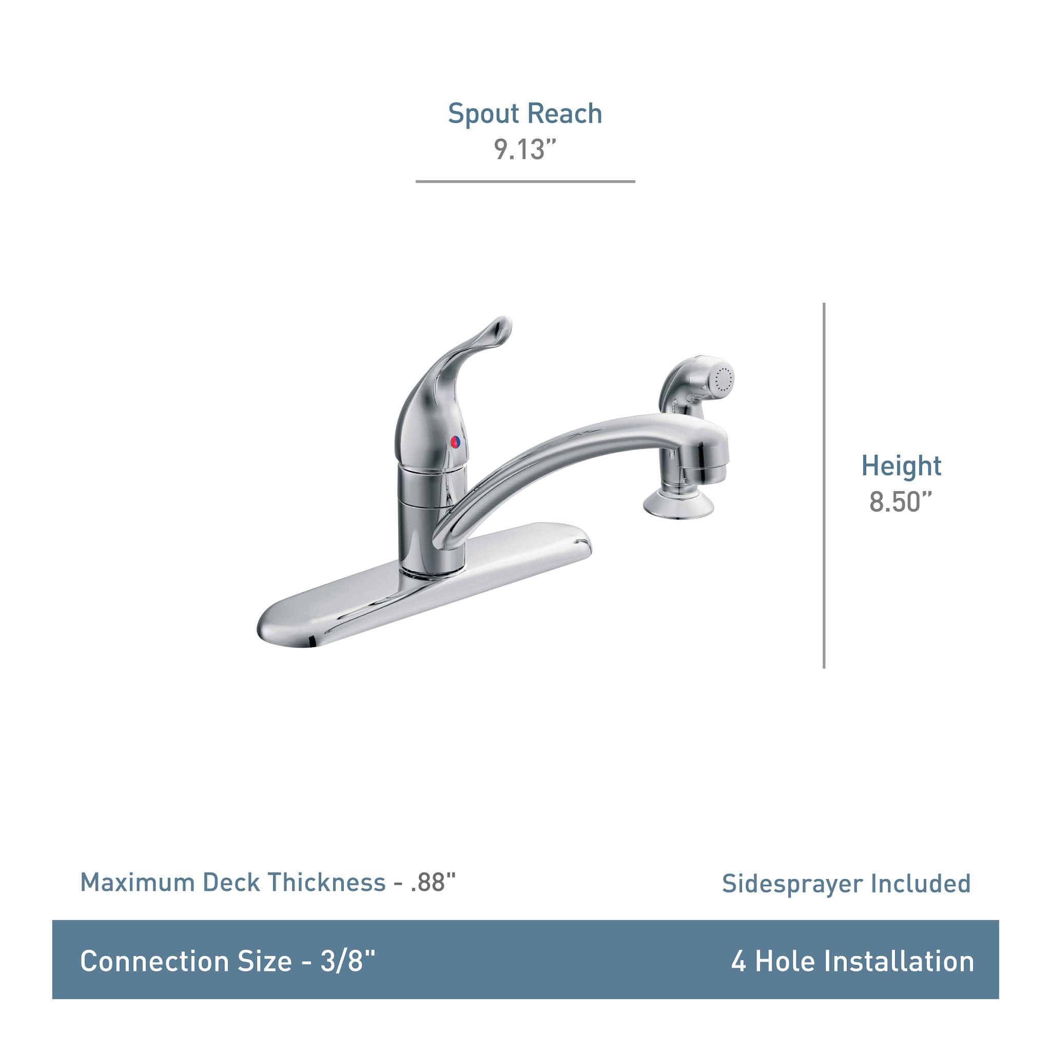 Chrome single-handle kitchen faucet with curved spout, side sprayer, and 8.50" height.