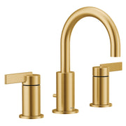 Brushed gold widespread bathroom faucet with high arc spout and two lever handles.