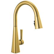 Brushed gold single-handle pull-down kitchen faucet with curved spout and lever handle.
