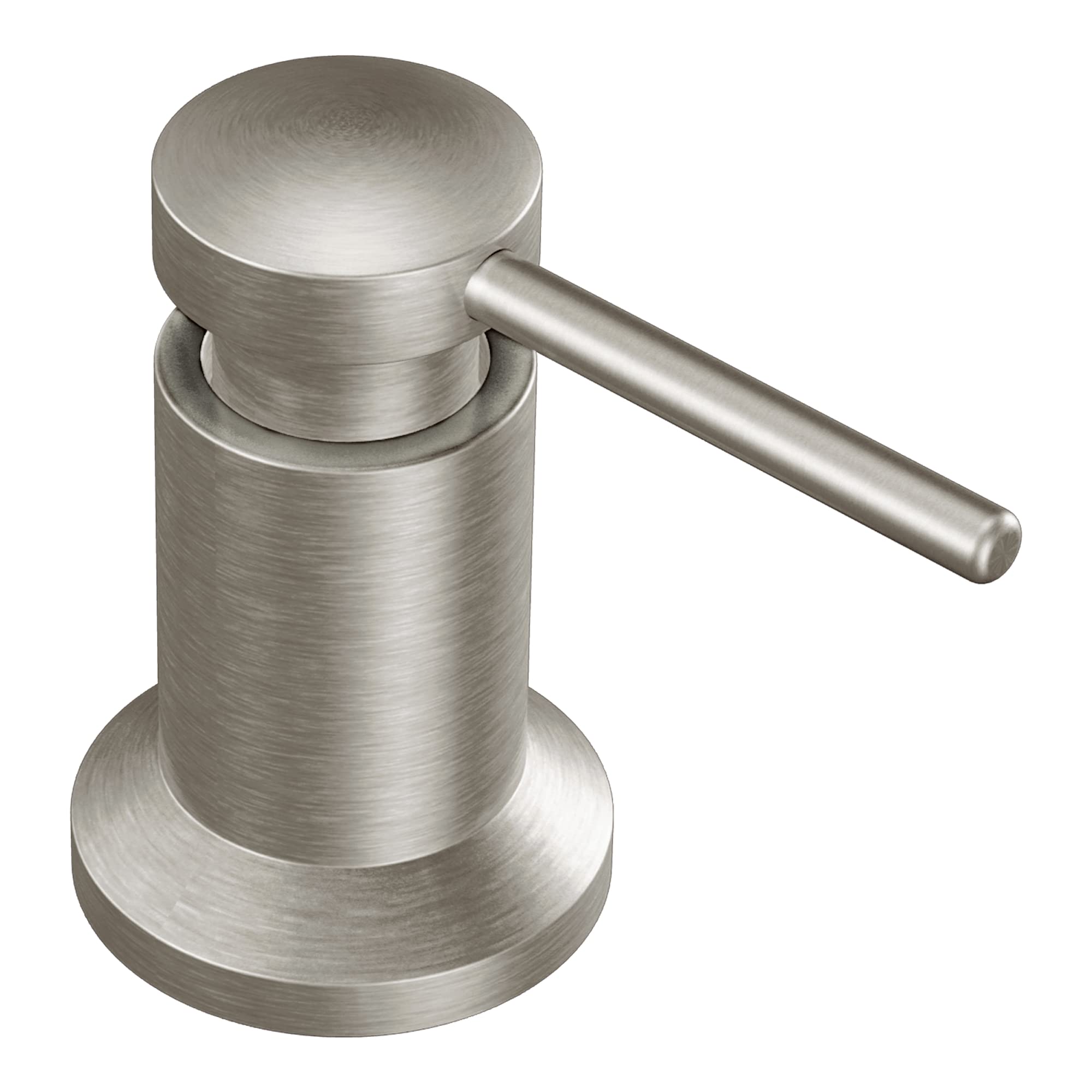 Stainless steel countertop soap and lotion dispenser with cylindrical body, rounded pump top, and wide base.