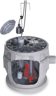 Sewage ejector system with gray basin, red pump, float switch, discharge tubing, and gray cover lid.
