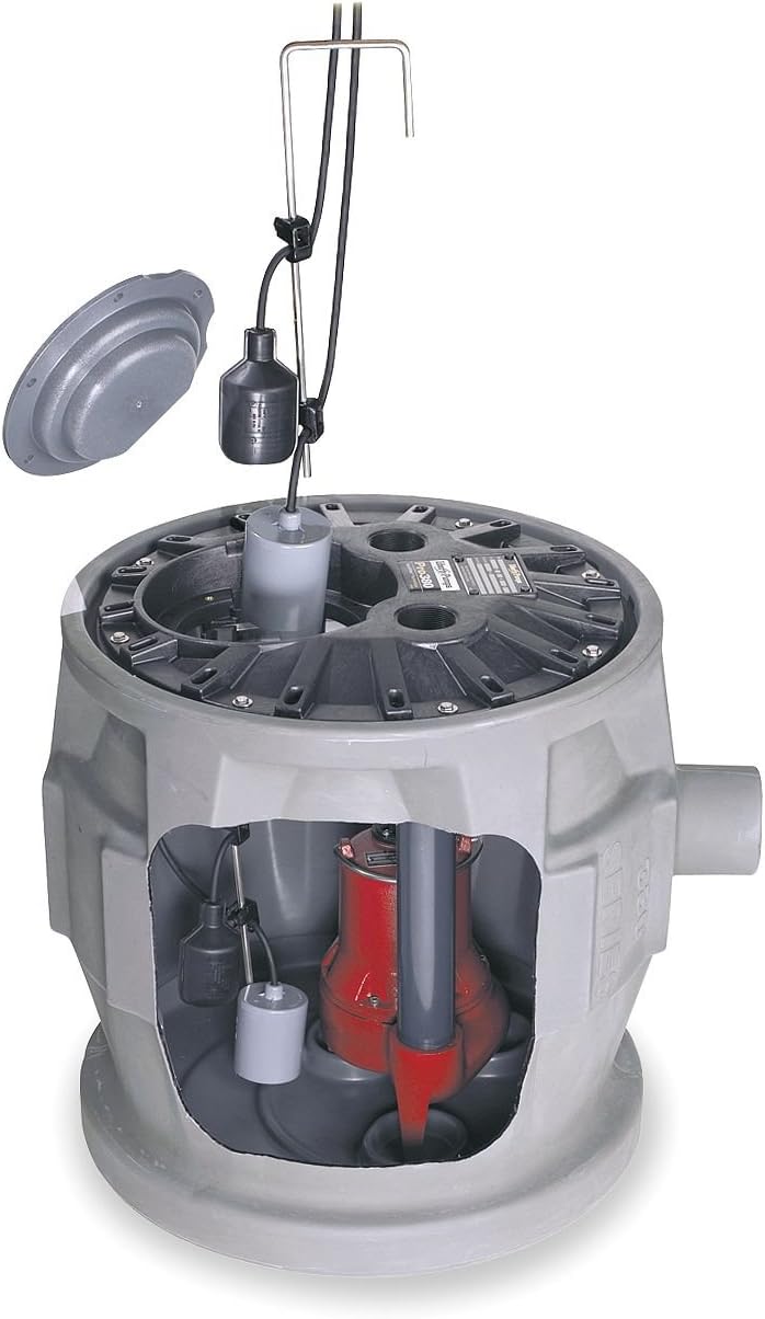 Sewage ejector system with gray basin, red pump, float switch, discharge tubing, and gray cover lid.