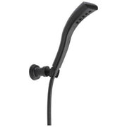 Black handheld shower head with curved wand, wall mount bracket, and flexible hose connection.