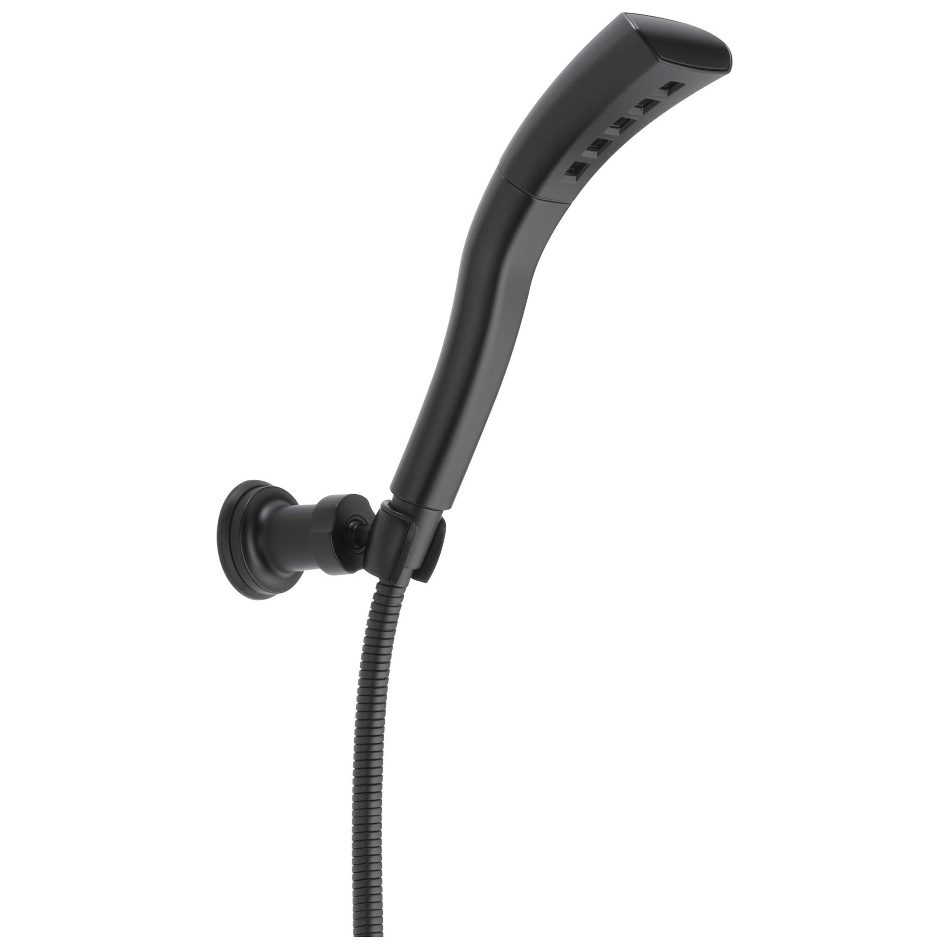 Black handheld shower head with curved wand, wall mount bracket, and flexible hose connection.