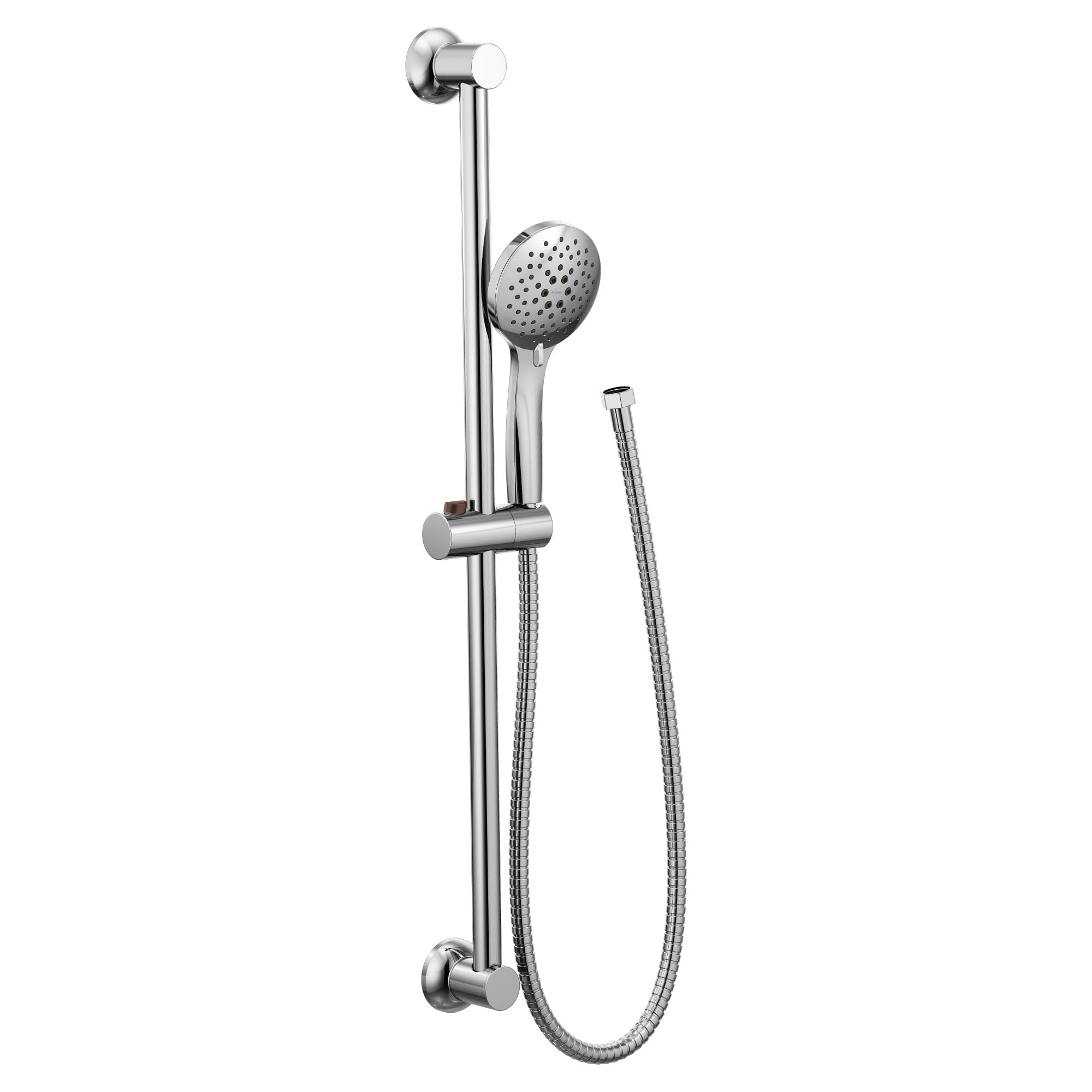 Chrome hand shower with perforated head on vertical slide bar and attached hose.